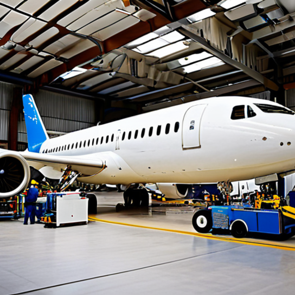 Modern Aircraft Maintenance Workshop**

"A bright and organized aircraft maintenance workshop, filled with state-of-the-art tools and equipment. Several fully clothed mechanics in professional work attire are collaborating on the engine of a modern commercial airplane.  Perfect anatomy, correct proportions, natural pose. The scene exudes professionalism and efficiency. Appropriate content, safe for work, high quality, professional, family-friendly."

**