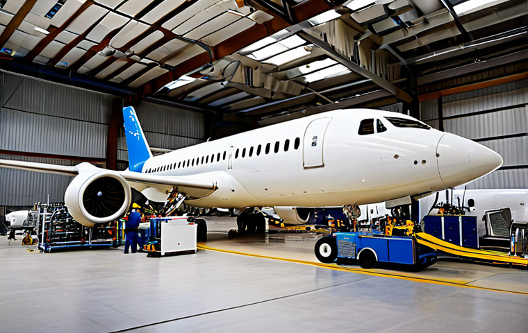 Modern Aircraft Maintenance Workshop**

"A bright and organized aircraft maintenance workshop, filled with state-of-the-art tools and equipment. Several fully clothed mechanics in professional work attire are collaborating on the engine of a modern commercial airplane.  Perfect anatomy, correct proportions, natural pose. The scene exudes professionalism and efficiency. Appropriate content, safe for work, high quality, professional, family-friendly."

**