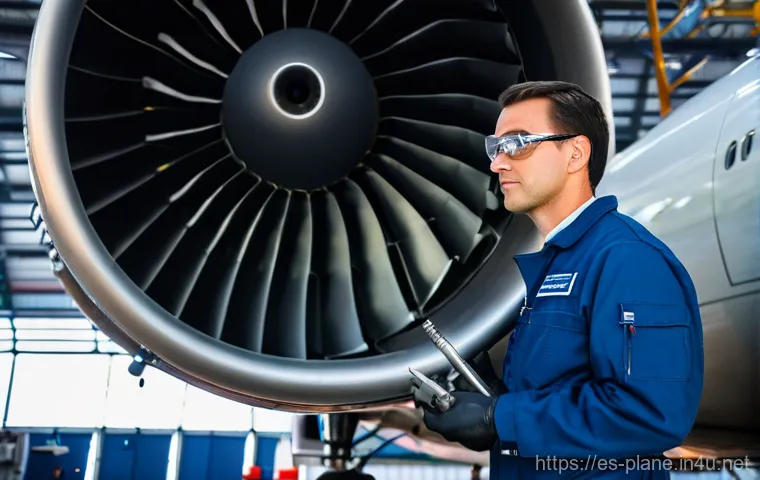 항공정비사로 일하며 겪는 보람 - **Prompt:** A highly concentrated male aviation mechanic, mid-30s, with a focused expression, meticu...