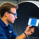 항공정비사와 기체 손상 복구 - **Prompt:** A highly skilled aircraft maintenance technician, wearing a clean, dark blue overall wit...