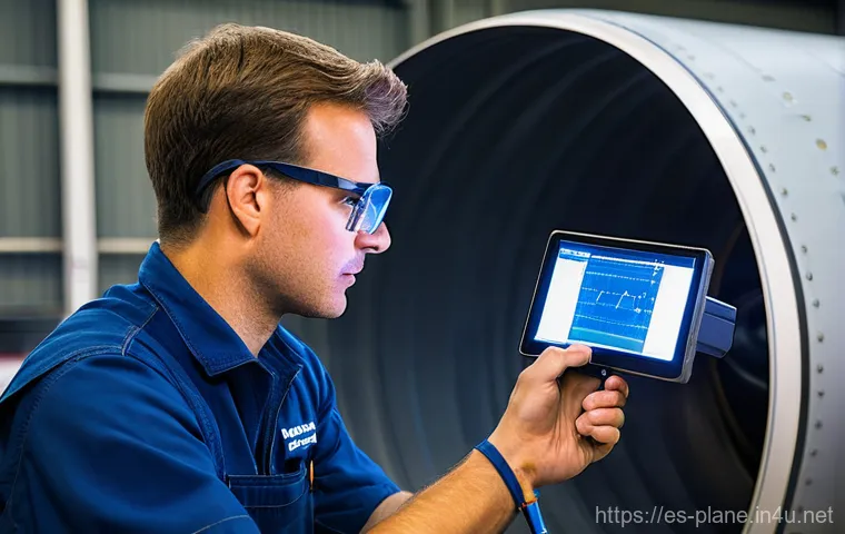 항공정비사와 기체 손상 복구 - **Prompt:** A highly skilled aircraft maintenance technician, wearing a clean, dark blue overall wit...